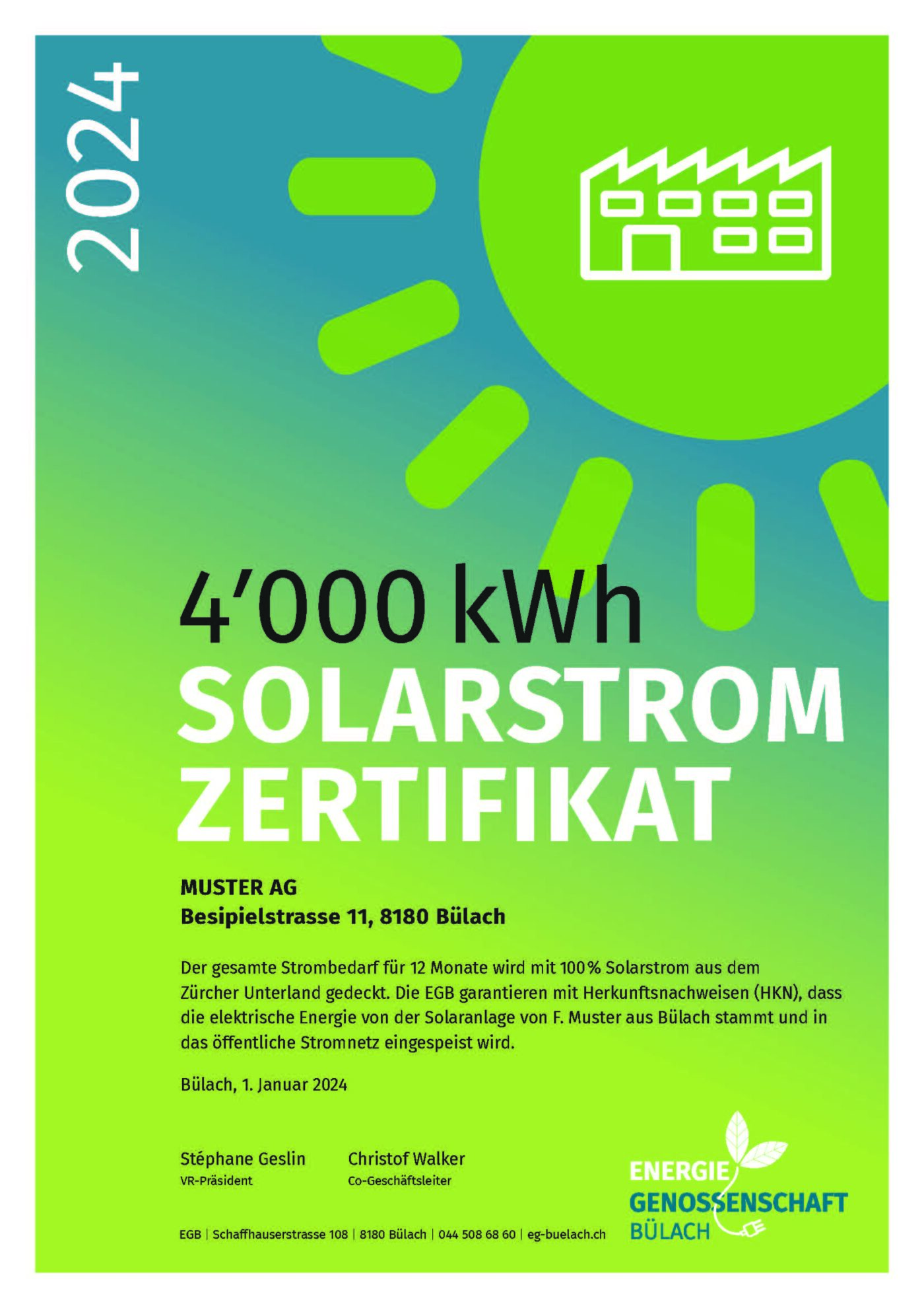 Solarstrom-Zertifikat Zürcher Unterland personalisiert