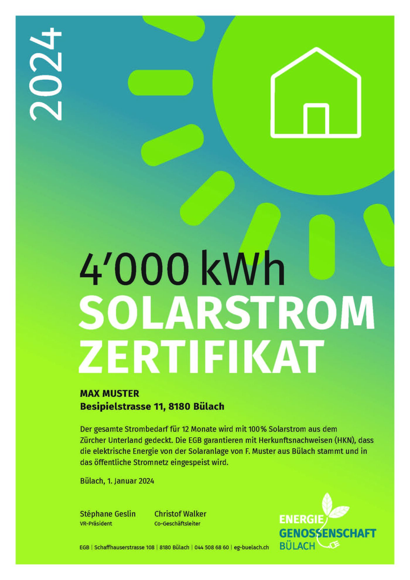 Solarstrom-Zertifikat Zürcher Unterland personalisiert